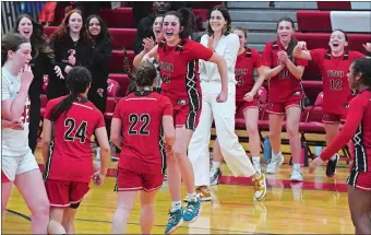  ?? DANA JENSEN/THE DAY ?? Fitch celebrates its 35-28 win over Norwich Free Academy in the ECC Division I girls’ basketball tournament quarterfin­als on Thursday night in Norwich. Visit theday.com to view a photo gallery.