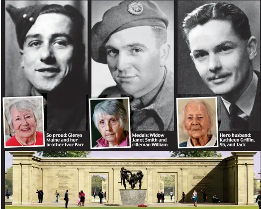  ??  ?? So proud: Glenys Maine and her brother Ivor Parr Medals: Widow Janet Smith and rifleman William Hero husband: Kathleen Griffin, 95, and Jack Memorial: How the finished tribute will look with a statue of soldiers and wall with tributes to the 22,500 heroes who died