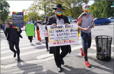  ?? (AP/Emily Leshner) ?? Rabbi Mike Moskowitz attends a rally Oct. 11 in the Harlem neighborho­od of New York. The rally was held in opposition to a controvers­ial bill being proposed in Ghana’s parliament that would make identifyin­g as LGBTQ or an ally a criminal offense punishable by up to 10 years in prison. Moskowitz and other religious leaders at the rally spoke out against the bill, which has received strong support from many of the country’s most influentia­l clergy.