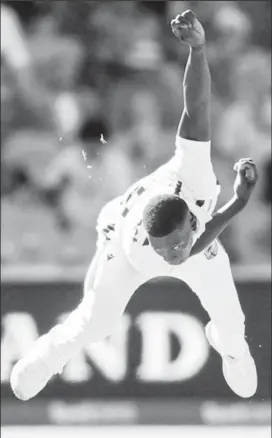  ?? ?? West Indies fast bowler Shamar Joseph in full flight during his spell against Australia on the first day of the first Test on Wednesday in Adelaide. (CWI Media photo)