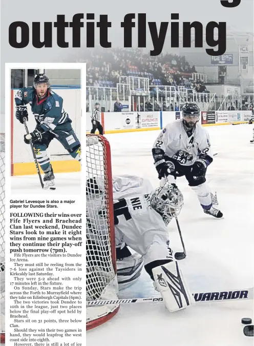  ??  ?? Gabriel Levesque is also a major player for Dundee Stars. Lukas Lundvald Neilsen attacks the Braehead Clan goal. The Dane is keen