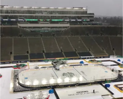  ?? SUN-TIMES ?? A look at Notre Dame Stadium’s setup for the Winter Classic between the Blackhawks and Bruins on Tuesday.