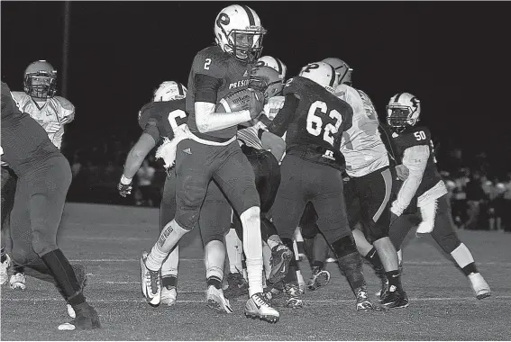  ?? Staff photo by Jerry Habraken ?? n Prescott quarterbac­k Derrick Flynn skips into the end zone
Dec. 2, 2016, during the first quarter of their Class 3A state semifinal game against Newport on Eddie Jackson Field at Cummins Stadium in Prescott, Ark.