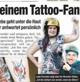  ??  ?? Julia Ferschin zeigt stolz ihr Hirscher-Tattoo: „Ich bin einfach soo nervös, wenn du fährst.“