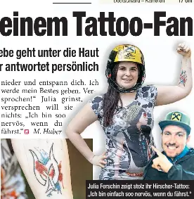  ??  ?? Julia Ferschin zeigt stolz ihr Hirscher-Tattoo: „Ich bin einfach soo nervös, wenn du fährst.“