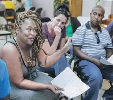  ?? Jay L. Clendenin Los Angeles Times ?? NICOLE MONK, left, discusses the plan to redevelop the mall, seen by many as the heartbeat of the neighborho­od, at a meeting last month.