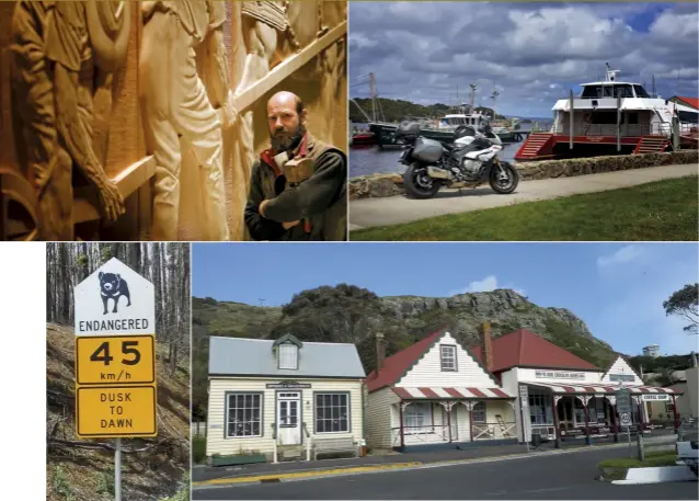  ??  ?? TOP LEFT A man and his chisel. Sculptor Greg Duncan has with his work at The Wall at Derwent Bridge. TOP RIGHT Sleepy Strahan, on Macquarie Harbour, mid East Coast. LEFT Everything is fighting for survival as roads meet forests. ABOVE Stanley’s main...