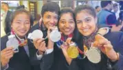  ?? RAJ K RAJ/HT ?? ▪ (From left) Tababi Devi, Simran Ahlawat, Mehuli Ghosh and Manu Bhaker at the IOA felicitati­on in New Delhi on Sunday.