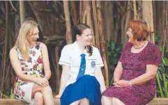  ??  ?? MILESTONE: Past students Margaret Williams and Cynthia Carson (right) with Year 11 student Morgan Elliston. Picture: BRENDAN RADKE