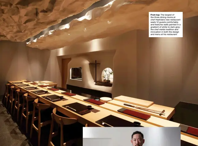  ??  ?? From top: The largest of the three dining rooms at chef Hashida’s new restaurant seats 12 guests comfortabl­y and features walls painted in a gradient of white to dark grey; the chef melds tradition and innovation in both the design and menu at his restaurant