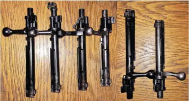  ??  ?? LEFT: With the bolts removed from the actions the four different lengths of commercial M98 Mauser actions are clearly apparent. Left to right: Magnum, standard, intermedia­te and kurz. RIGHT: The bolt of the Magnum M98 (left) is more than an inch longer than that of the shortest M98 variant, the kurz (right).