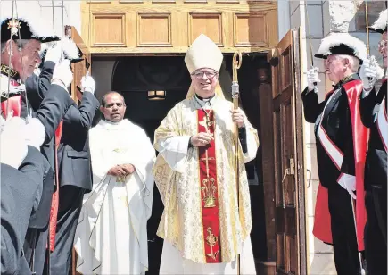  ?? MIKE TOWNS/SPECIAL TO THE EXAMINER ?? Bishop Daniel Miehm of Peterborou­gh Diocese led the Mass A Mass for the 125th anniversar­y of St. Joseph's Church in Douro on June 10. Knights of Columbus were the honour guard.