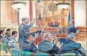  ?? VIA THE ASSOCIATED PRESS] [DANA VERKOUTERE­N ?? This courtroom sketch depicts defense lawyer Kevin Downing asking questions of Rick Gates, as former Donald Trump campaign chairman Paul Manafort, bottom front left, listens during Manafort’s trial on bank fraud and tax evasion at federal court Tuesday in Alexandria, Va. U.S. District court Judge T.S. Ellis III presides.