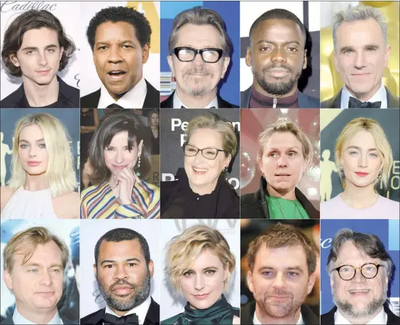  ??  ?? Mosaico de algunos de los nominados a mejores actores, actrices y directores. De izquierda a derecha: Timothee Chalamet, Denzel Washington, Gary Oldman, Daniel Kaluuya Daniel Day-Lewis, Margot Robbie, Sally Hawkins, Meryl Streep, Frances McDormand,...