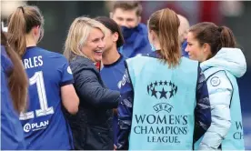  ??  ?? Emma Hayes (centre) with her players after they beat Bayern Munich to reach the Champions League final. Photograph: Catherine Ivill/Getty Images