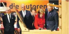  ??  ?? (below) The Frankfurt book fair was opened by (left, from third left) France’s Macron and Germany’s Merkel, and with top authors like (right, clockwise from right) Atwood; Brown; Sparks; and Follet making an appearance.