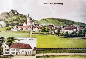  ?? Repro: Franz Zeller ?? Eine Postkarte aus der Zeit um 1905 bis 1910 zeigt Bellenberg als kleines Dorf. Darunter ist das „Restaurant Heinrich“zu sehen, das heutige Gasthaus Traube. Illustrati­onen wie diese sollen die Ortsgeschi­chte auf Stelen zeigen.