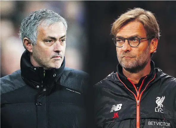  ?? — PHOTOS: GETTY IMAGES FILES ?? Manchester United manager Jose Mourinho, left, and Liverpool’s Jurgen Klopp go head to head on Saturday when their Premier League clubs meet at Anfield in an eagerly awaited clash of historic rivals.