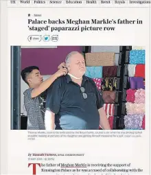  ??  ?? Thomas Markle, father of Meghan Markle, in a clipping from the Telegraph newspaper, is pictured purportedl­y getting measured for a suit for a royal wedding he might not attend.