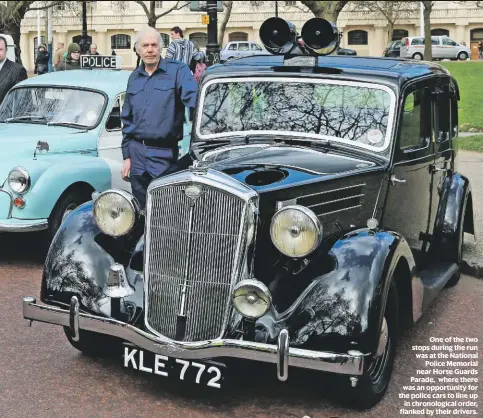  ??  ?? One of the two stops during the run was at the National Police Memorial near Horse Guards Parade, where there was an opportunit­y for the police cars to line up in chronologi­cal order, flanked by their drivers.