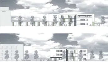  ?? GRAFIK: ARCHITEKTU­RBÜRO ROBERT HALLER ?? Die Ansicht von Nordwesten (oben) zeigt den Neubau mit Anbindung an das „Haus am Park“. In der Perspektiv­e von Nordosten her (unten) ist das geplante Pflegeheim (links) erkennbar.