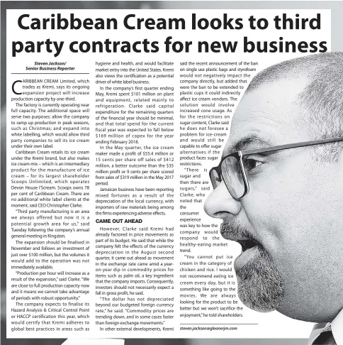  ?? RUDOLPH BROWN/PHOTOGRAPH­ER ?? Steven Jackson/ Senior Business Reporter Kremi CEO Christophe­r Claarke speaks at the company’s annual general meeting at Knutsford Court Hotel in Kingston on Tuesday, September 25.