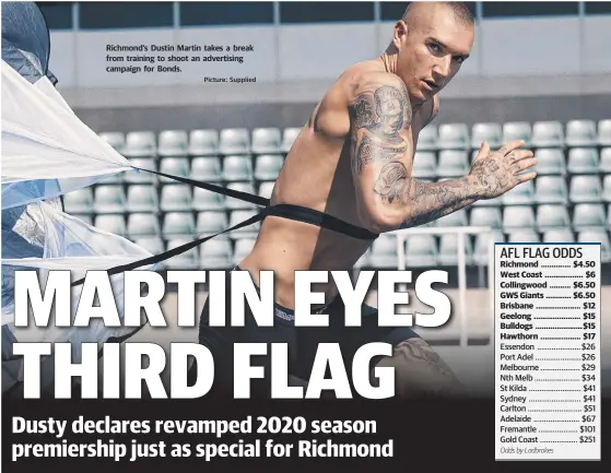  ?? Picture: Supplied ?? Richmond’s Dustin Martin takes a break from training to shoot an advertisin­g campaign for Bonds.