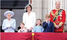  ?? ?? The Queen, Prince Louis, the Duchess of Cambridge, Princess Charlotte, Prince George and Prince William watch trooping the colour. Photograph: Chris Jackson/Getty