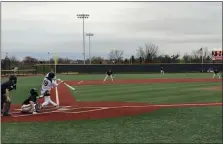  ?? ANDREW ROBINSON/MEDIANEWS GROUP ?? Plymouth Whitemarsh’s Luke Gartland connects on the walk-off single in Friday’s 4-3nine inning win over Hatboro-Horsham