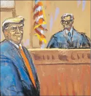  ?? ?? Dibujo de la artista Jane Rosenberg donde aparece el expresiden­te Donald Trump frente al juez Juan Merchán en la corte de Nueva York