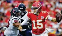  ?? JOHN SLEEZER / KANSAS CITY STAR ?? Chiefs second-year quarterbac­k Patrick Mahomes (15), a first-round pick in 2017, is taking over for the traded Alex Smith this season.