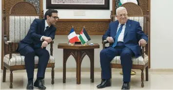  ?? (Nasser Nasser/Reuters) ?? PA HEAD Mahmoud Abbas meets with French Foreign Minister Stephane Sejourne in Ramallah, this week. Last month, Abbas marked the 19th anniversar­y of his four-year term in office, the writer notes.