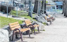  ?? FOTO: PATRICK SEEGER/DPA ?? Leere Bänke stehen am Ufer beim Titisee im Schwarzwal­d. Die Gastro- und Hotellerie­branche hofft auf schnelle Öffnungssc­hritte.