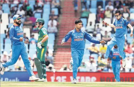  ?? AFP ?? ■ South African batsmen were clueless against Kuldeep Yadav and Yuzvendra Chahal. Their lack of applicatio­n helped India cruise to their first ODI series win in South Africa.