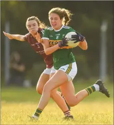  ?? Photo by Sportsfile ?? Kerry’s Mary O’Connell of in action against Sophie Healy of Galway during the All-Ireland Ladies Football U16 A Championsh­ip Final in Toomevara, Tipperary.