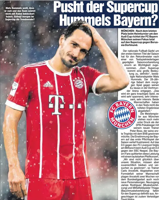  ??  ?? Mats Hummels weiß, dass er sich und das Team zuletzt nicht mit Ruhm bekleckert haben. Gelingt morgen im Supercup die Trendwende?