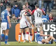  ??  ?? FRENCH FIRE: Dragons celebrate Pat Richards’ try