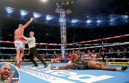  ?? GETTY IMAGES ?? Tyson Fury, also inset, reacts to knocking out Dillian Whyte in their WBC world heavyweigh­t title fight at Wembley Stadium in London yesterday.