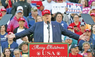  ??  ?? MOBILE: In this Dec 17, 2016, photo, President-elect Donald Trump speaks during a rally at the Ladd-Peebles Stadium. —AP