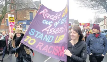  ??  ?? On the march: Some of the people who took part in the Stand Up To Racism rally in Cardiff yesterday