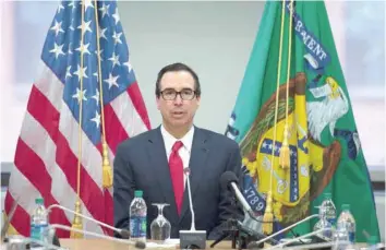  ??  ?? US Treasury Secretary Steve Mnuchin holds a press conference during the Imf/world Bank meeting in Washington. — AFP