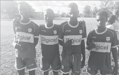  ??  ?? The goal scorers for Christianb­urg/Wismar Secondary are from left, Jehu Regis (58’, 64’), Kevin Dare (85’), Jernel Williams (73’) and Randy Pickering (21’)