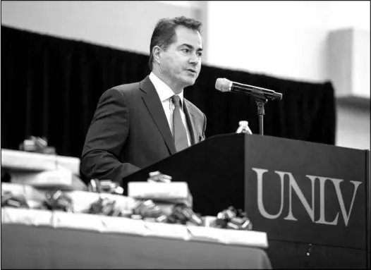  ?? STAFF FILE (2017) ?? UNLV President Len Jessup speaks at a ceremony UNLV’s Student Union, during which 60 students of the School of Medicine were presented stethoscop­es on July 17.