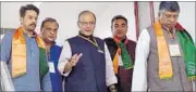  ??  ?? Finance minister Arun Jaitley (centre) with Union law minister Ravi Shankar Prasad (right) and BJP MP Anurag Thakur (left) at the party’s core committee meeting in New Delhi on Tuesday. PTI