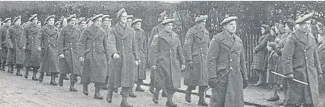  ?? ?? Former guard at Balhary, Percy Caroline, far right with cane, is on the march with Wellbank Home Guard and, top, in the 1970s.