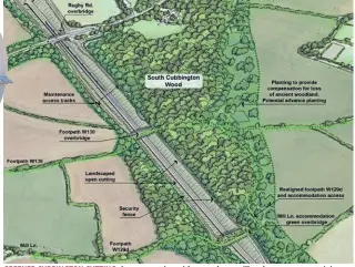  ?? ?? GREENER CUBBINGTON CUTTING: An open cutting with grass slopes will replace concrete retaining walls previously planned for a stretch of the HS2 route at Cubbington in Warwickshi­re. The updated design also raises the height of the line, avoiding the need to extract 150,000 cubic metres of soil. Two ‘green’ overbridge­s, which will incorporat­e native grassland and hedgerows to encourage wildlife to use them as habitats and crossings, will connect to existing footpaths. Twelve hectares of woodland are to be planted close to South Cubbington Wood. HS2