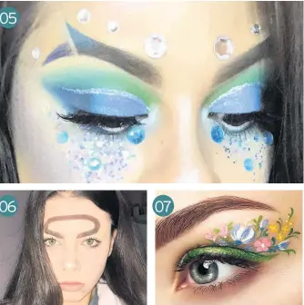  ??  ?? 5. FISHTAIL EYEBROWS 6. HALO BROWS 7. FLORAL EYELINER