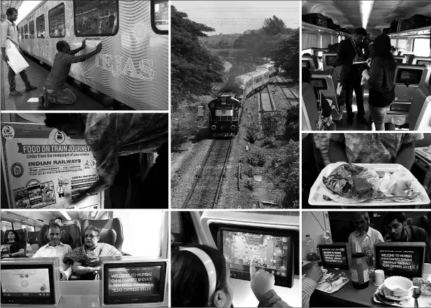  ??  ?? (Clockwise from top left) In this photograph taken on May 21, Indian staff paste stickers below an emergency window of the Tejas Express luxury train before its first journey between Mumbai and Goa at the Chattrapat­i Shivaji Terminus station in Mumbai....