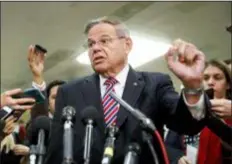  ?? PABLO MARTINEZ MONSIVAIS - THE ASSOCIATED PRESS ?? Sen. Bob Menendez, D-N.J., speaks to members of the media after leaving a closed door meeting about Saudi Arabia with Secretary of State Mike Pompeo, Wednesday, Nov. 28, on Capitol Hill in Washington.