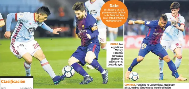  ??  ?? DUELO. Los argentinos Messi y Facundo Roncaglia disputan el esférico en el duelo de ayer. CONTROL. Paulinho no le permite al mediocampi­sta Jozabed Sánchez que le quite el balón.